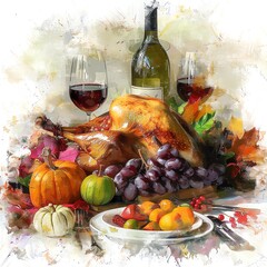 Wall Mural - Thanksgiving dinner, autumn feast, oil painting effect, textured, isolated on white background