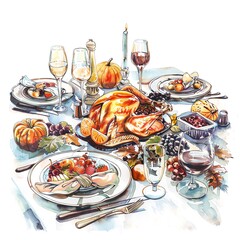 Wall Mural - Thanksgiving dinner table, festive gathering, pastel drawing, soft tones, isolated on white background