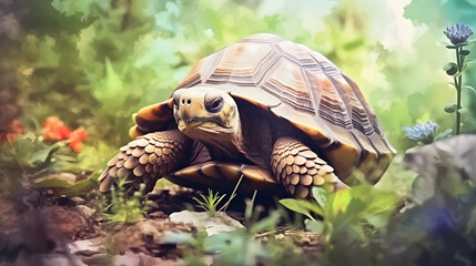 Wall Mural - Tortoise in a nature watercolor style