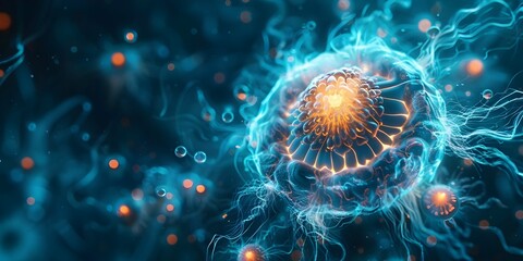 Wall Mural - A glowing, colorful brain surrounded by a blue and orange background. The brain is surrounded by a blue and orange glow, giving it a surreal and otherworldly appearance