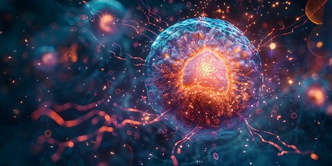 Wall Mural - A glowing, colorful brain surrounded by a blue and orange background. The brain is surrounded by a blue and orange glow, giving it a surreal and otherworldly appearance