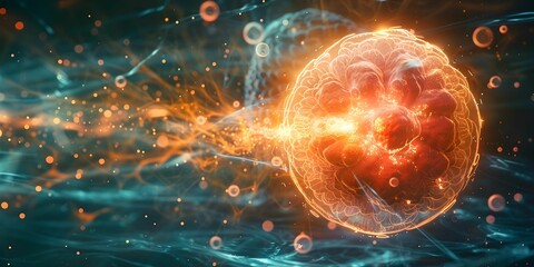 Wall Mural - A glowing, colorful brain surrounded by a blue and orange background. The brain is surrounded by a blue and orange glow, giving it a surreal and otherworldly appearance