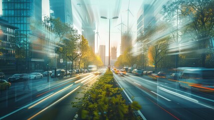 Wall Mural - A blurry city street with cars and a tall building in the background