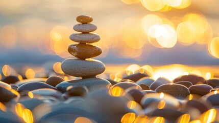 Canvas Print - Stone Stacking on the Beach at Sunset