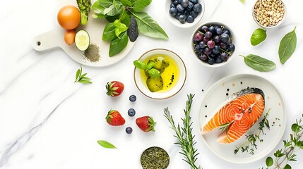 Wall Mural - Healthy Food Concept with Fresh Salmon, Vegetables, Berries, and Herbs on White Marble Background - Illustration