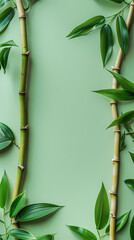 Wall Mural - Flat lay of green bamboo leaves and stalks