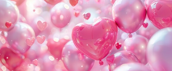 3D rendering of pink balloons and sphere objects, Valentine's decorations full of love