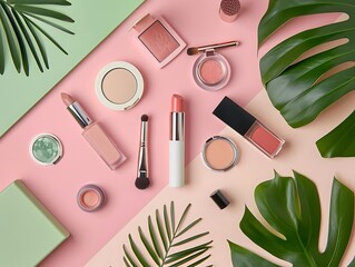 Poster - Tropical Makeup Flat Lay with Green Leaves - Illustration