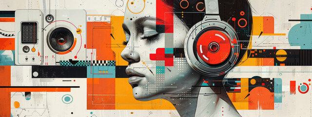 Wall Mural - Abstract Digital Art: Woman with Headphones and Geometric Patterns