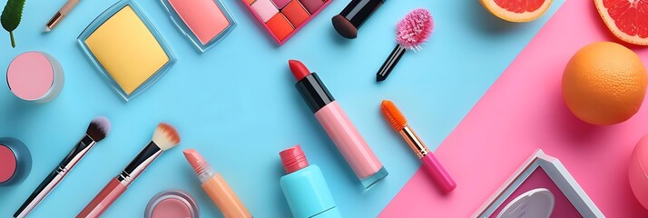 Poster - Colorful Makeup Products and Citrus Fruits on Pink and Blue Background Illustration