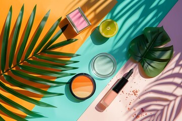 Wall Mural - Summer Beauty Products Flat Lay with Palm Leaves, Lemon, and Colorful Backgrounds - Illustration