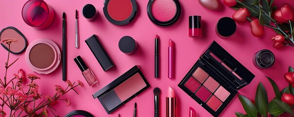 Poster - Flatlay of Makeup Products on a Pink Background - Illustration