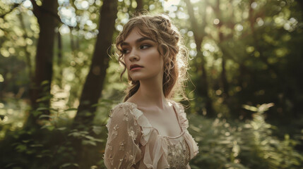 A whimsical photo shoot in a forest, featuring a model in fairy-tale inspired fashion and natural lighting.