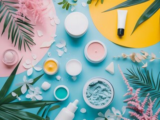 Wall Mural - Illustration of Skincare Products with Tropical Flowers and Leaves