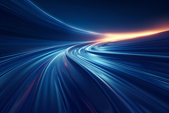 Abstract digital art - Dark blue fluid special effect with magic of moving fast motion light on winding path, background: Generative AI