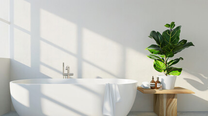 Poster - Modern Bathroom with Bathtub, Plant and Sunlight.