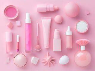 Wall Mural - Pink Minimalist Cosmetic Products Illustration on Pink Background