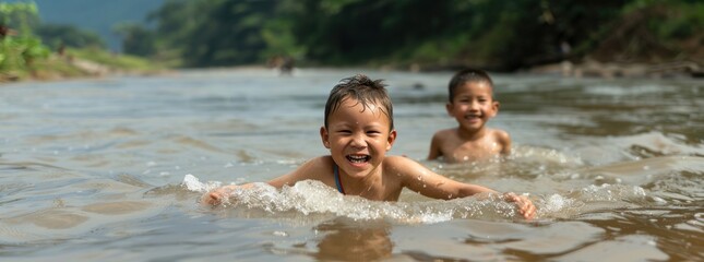 image of children playing in the nam song river, joyful scene, copy space, natural lighting