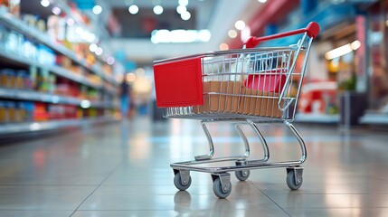 Shopping Cart in Supermarket Aisle