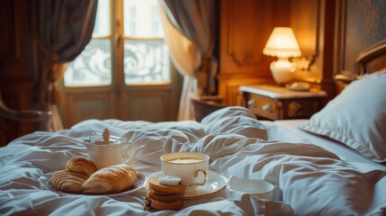 Parisian Breakfast in Bed: Indulge in a serene morning with a steaming cup of coffee, fresh croissants.