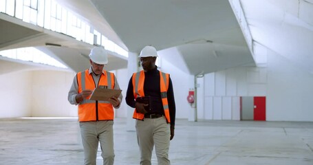 Poster - Construction, checklist and people with discussion in warehouse for progress, update and teamwork. Engineering, inspector and men with communication on site for property, survey and development plan