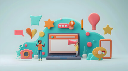 Poster - 3d flat icon of marketer with presentation and laptop concept on whimsical background business promo