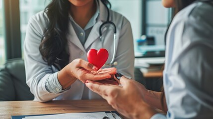 Canvas Print - A woman in a white lab coat is holding a red heart in her hand