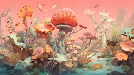 Sticker - Fantasy Underwater Illustration with Coral Reefs and Fish