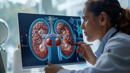 Wall Mural - A woman is looking at a computer monitor that shows a diagram of the kidneys