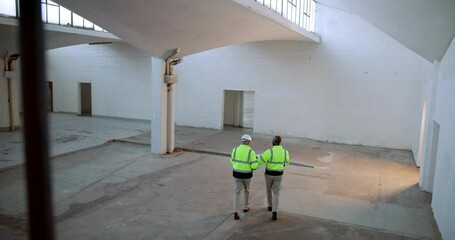Poster - Construction, planning and men with discussion in warehouse for property, management or feedback. Top view, contractor and people with walking on site for civil engineering, project and communication