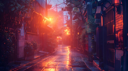 Sticker - Rainy Night in Japan: Digital Illustration