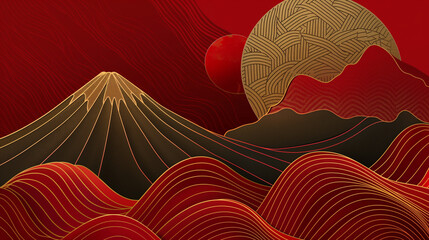 Wall Mural - A mountain range with a red sky and a large red moon