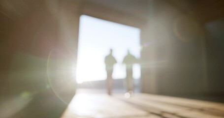 Poster - Light, flare and people with walking in warehouse for construction, planning or collaboration. Industry, teamwork and workers with communication in factory for property, building or bokeh of sunshine
