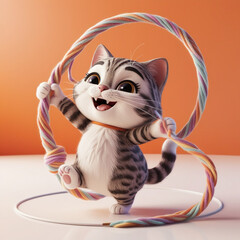 Abstract colorful 3D cartoon cute cat character playing with yarn on isolated white background with copy space 2