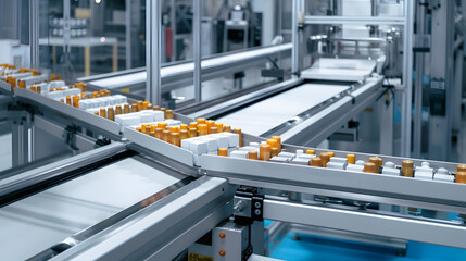 Wall Mural - Automatic packaging conveyor line in pharmaceutical factory, pharmaceutical industrial concept background