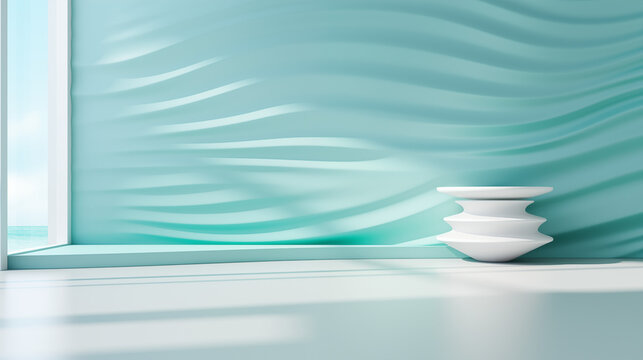 abstract 3d interior scene white podium background with aqua background color and sunlight.