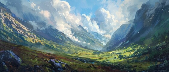 Wall Mural - clouds drifting over a mountain valley, a stunning and atmospheric natural wonder