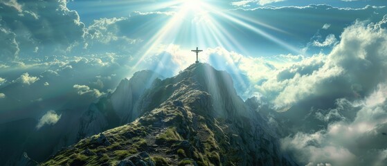 Christian inspiration: Crucifix on a mountain peak with sunlight and clouds, a breathtaking and meaningful image