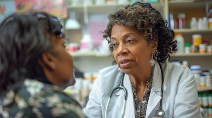 Canvas Print - A woman is talking to a doctor in a pharmacy