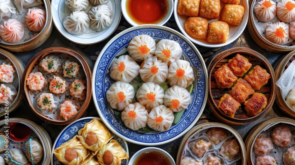 Overhead shot of a platter of dim sum including har gow (shrimp ...
