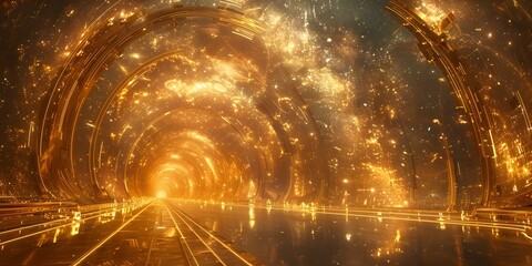 Wall Mural - A long, winding tunnel with a river of gold running through it. The tunnel is filled with stars and the river is illuminated with a golden glow. The scene is surreal and dreamlike
