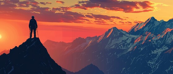 Wall Mural - Mountain Majesty, silhouette of a man standing on a mountain peak, a symbol of strength and achievement