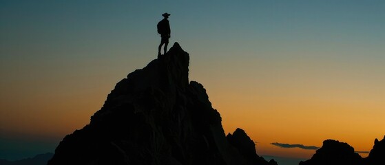 Wall Mural - Peak Performance, silhouette of a man on top of a mountain peak, a representation of perseverance and triumph