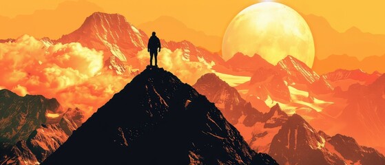 Wall Mural - Summit Solo, silhouette of a man standing alone on a mountain peak, a moment of solitude and reflection