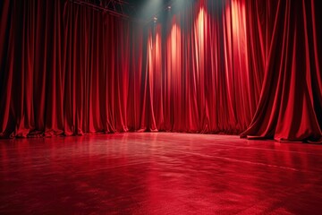 Poster - Stage have red curtain and red velvet floor entertainment architecture illuminated.