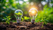 © Adisorn - Two glowing light bulbs emerge from the earth, surrounded by lush greenery, as tender leaves and vines sprout upwards, symbolizing innovation and eco-friendly growth.