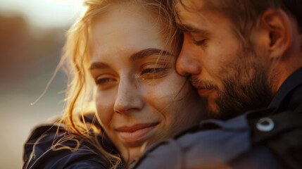 Wall Mural - A man and a woman are hugging each other