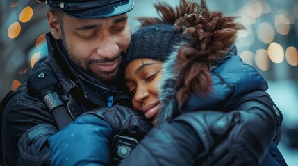 Wall Mural - A man and woman are hugging each other in the snow