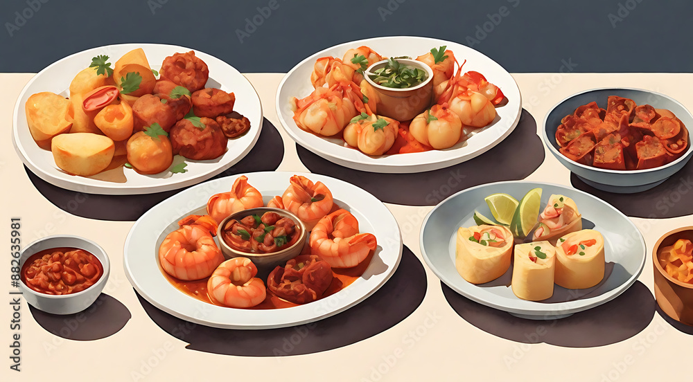 An illustration of a variety of Spanish tapas, including patatas bravas