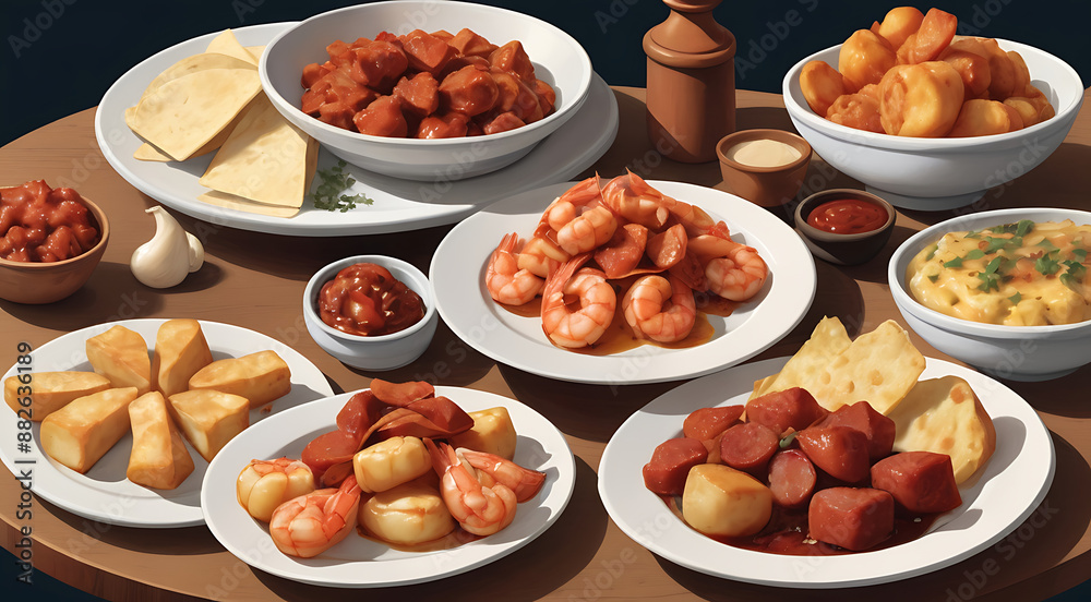 An illustration of a variety of Spanish tapas, including patatas bravas